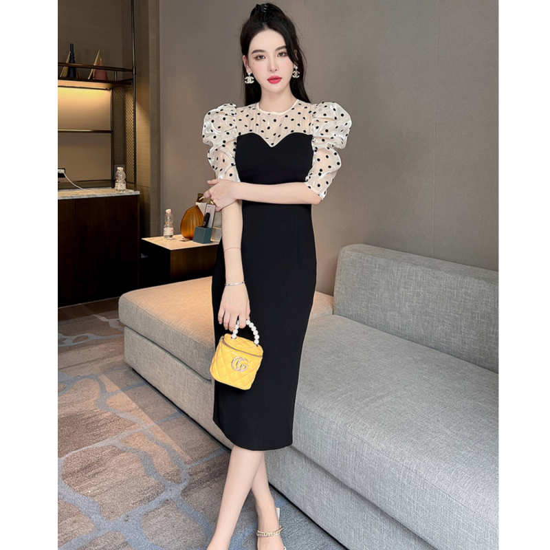 シャイニーポルカドットブラウスコンビビスチェワンピース