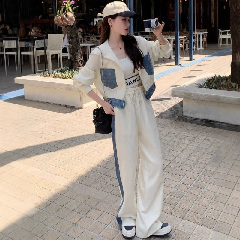 デニムパッチワークスウェットトップス×パンツ(2colors)