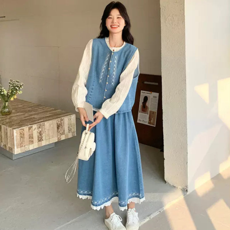 ホワイトブラウス×デニムベスト×スカートスリーピースセット