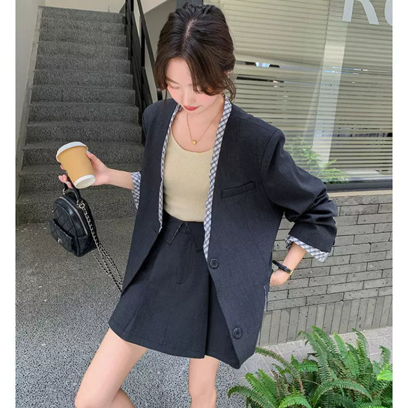 チェックデザイングレージャケット×スカートスーツ