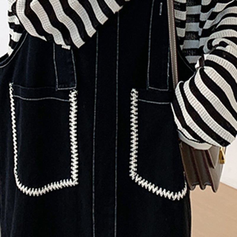 カジュアルボーダートップス×デニムサロペットワンピースセット