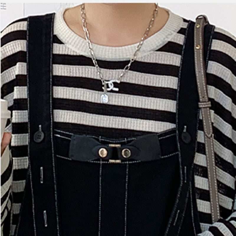 カジュアルボーダートップス×デニムサロペットワンピースセット