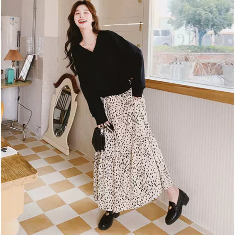 【即納】Vネックトップス×ダルメシアンスカートドッキングワンピース