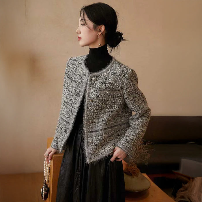 ノーカラーツイードジャケット