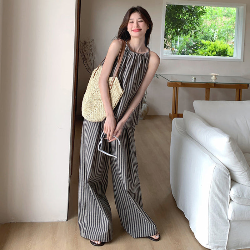 ストライプホルターネックトップス×パンツセット
