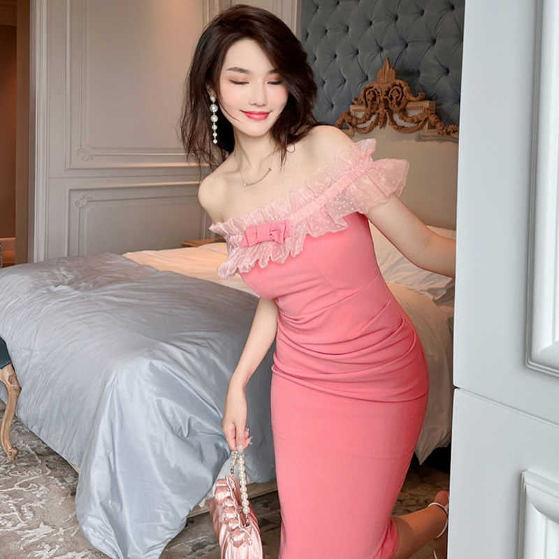 フロントリボンシアーフリルコンビオフショルダーペンシルワンピース