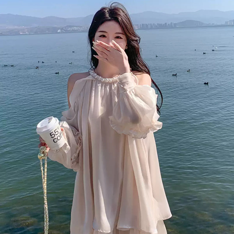 パール付きオフショルダーサテンフリルワンピース