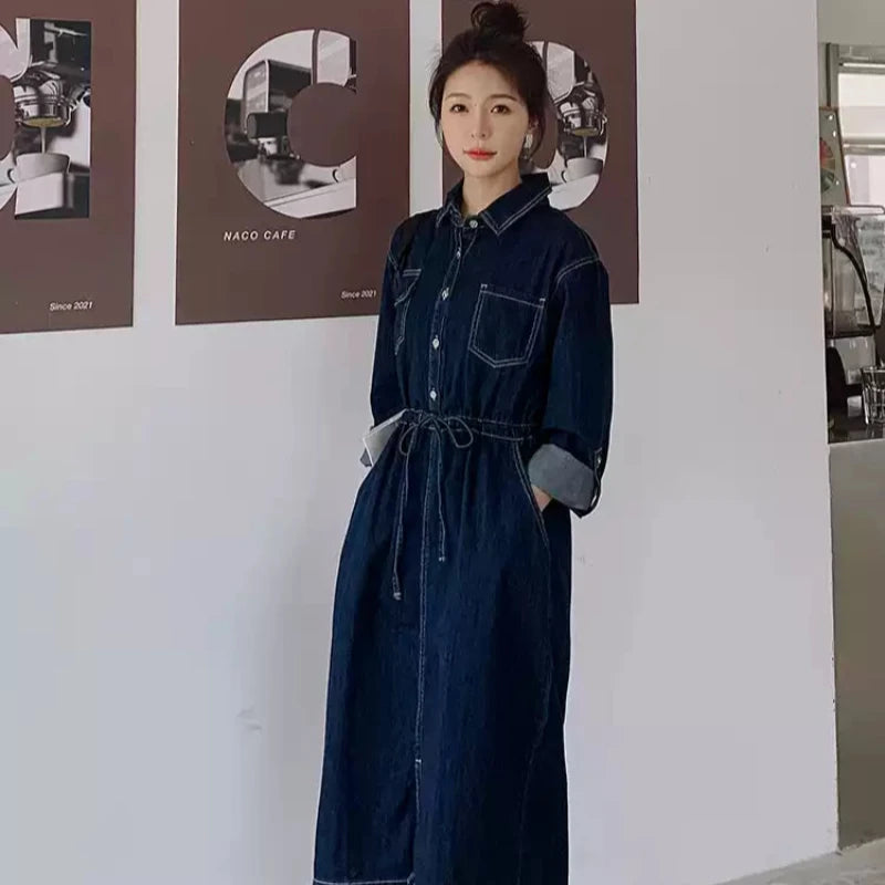 ストライプスカーフ付きデニムワンピース