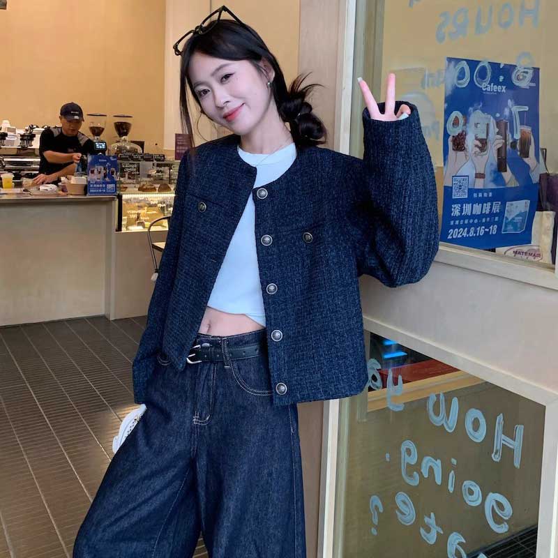 ノーカラーネイビーツイードジャケット