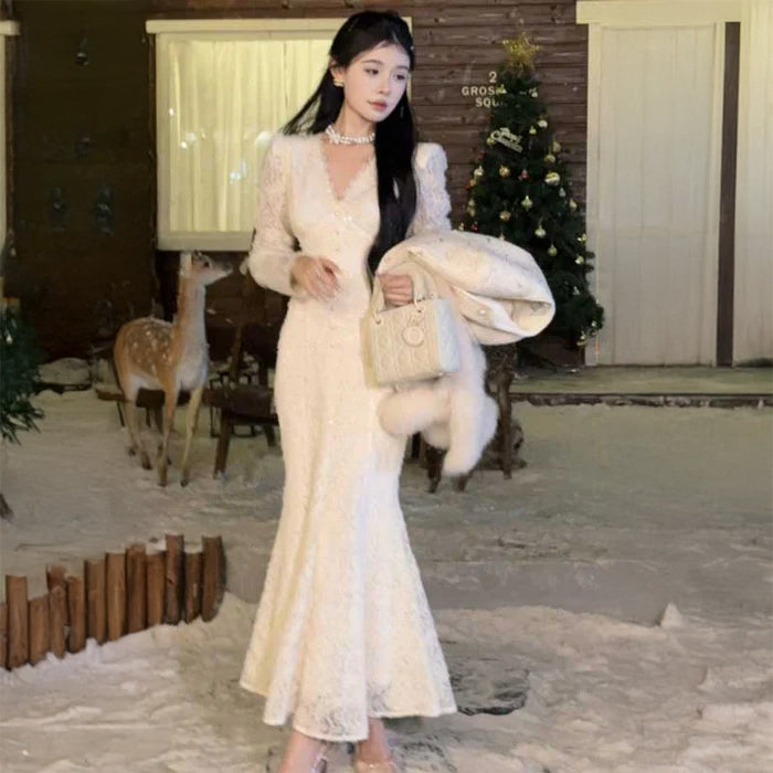 Vネックマーメイドレースワンピース