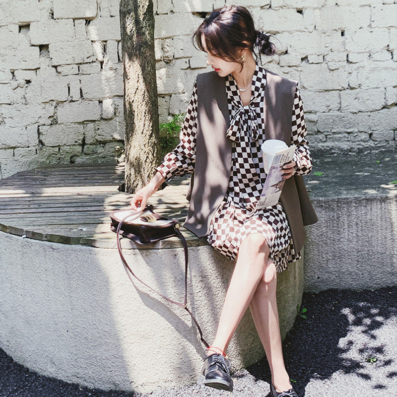 チェック柄ワンピース×ベストセット