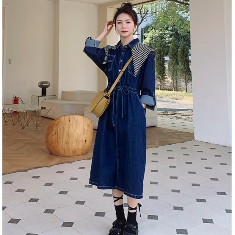 ストライプスカーフ付きデニムワンピース