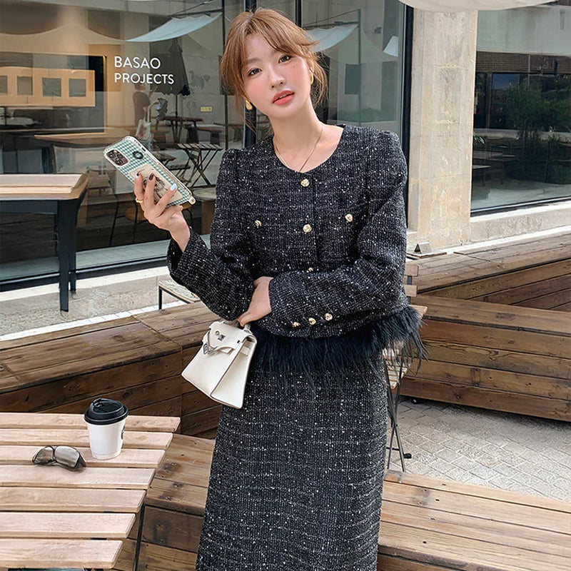 ブラックツイードジャケット×スカートスーツセット