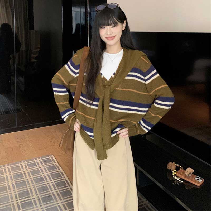 ショール付きボーダーカーディガン