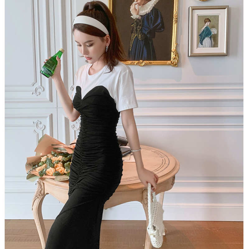 Tシャツコンビフロントギャザービスチェワンピース