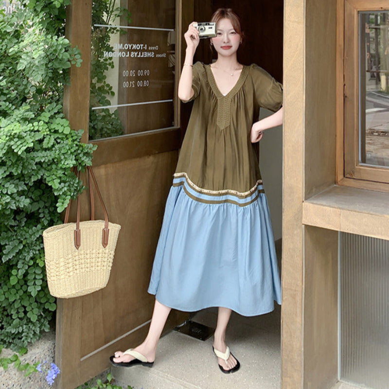 【即納】アースカラー配色ワンピース