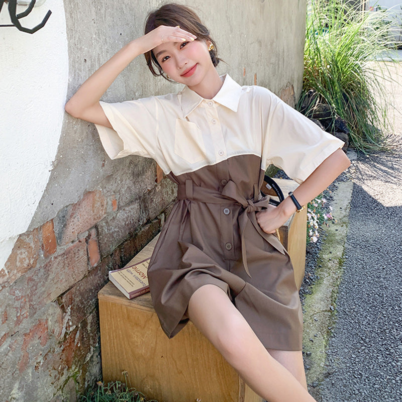 バイカラーウエストリボン ショートオールインワン