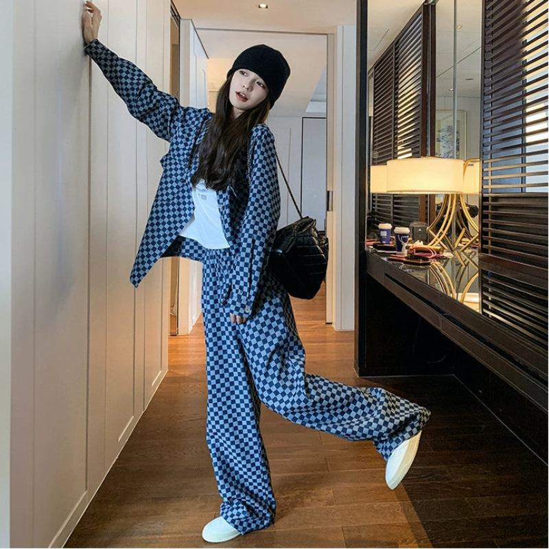 フラッグチェックデニムパンツスーツ