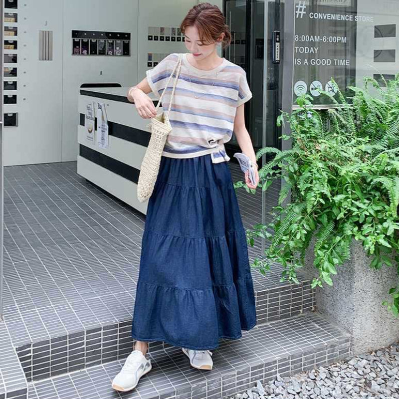 ボーダーTシャツ×デニムスカートセットアップ