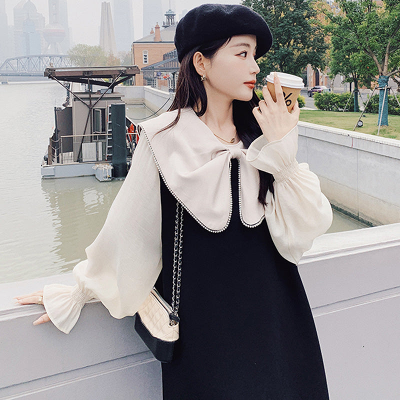 リボンディテールシアーパフスリーブワンピ