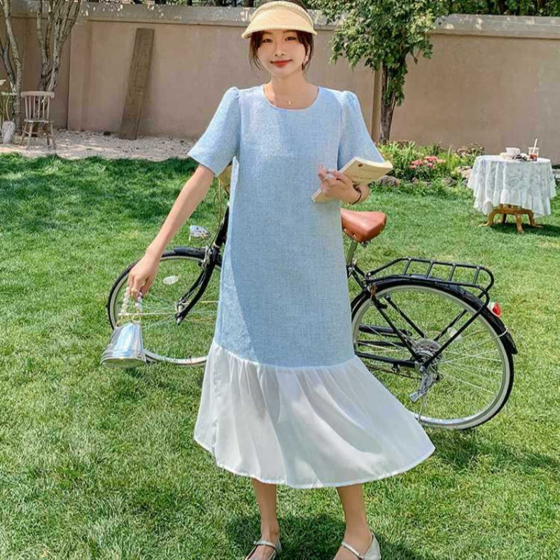 【即納】ハーフスリーブ裾レースワンピース