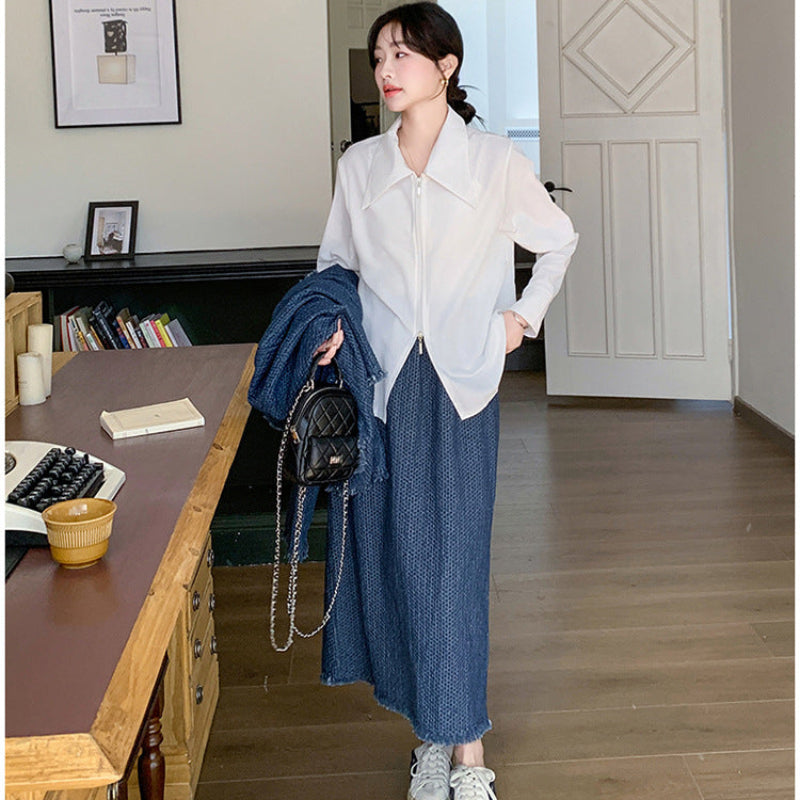 デニムジャケットスカートスーツ×ブラウス3点セット