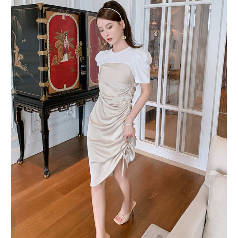 Tシャツコンビサテンサイドドローストリングワンピース