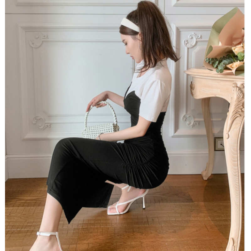 Tシャツコンビフロントギャザービスチェワンピース