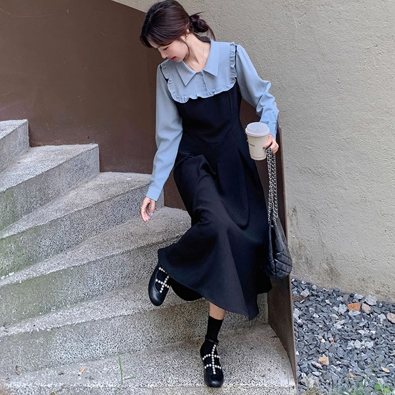 フェイクレイヤードフリルシャツワンピース