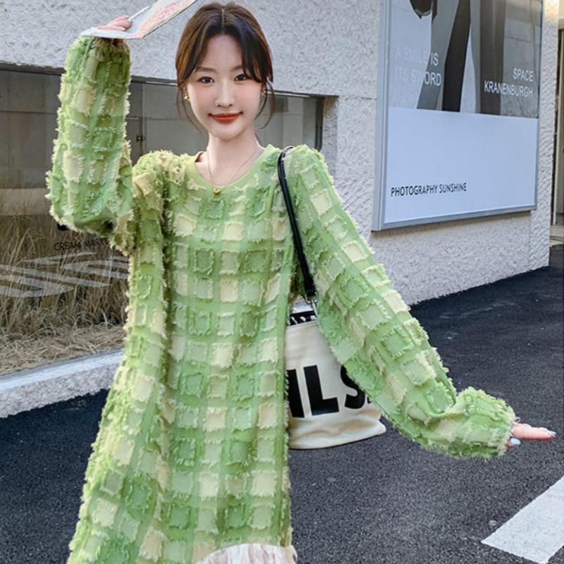 グリーンエンボスチェックワンピース