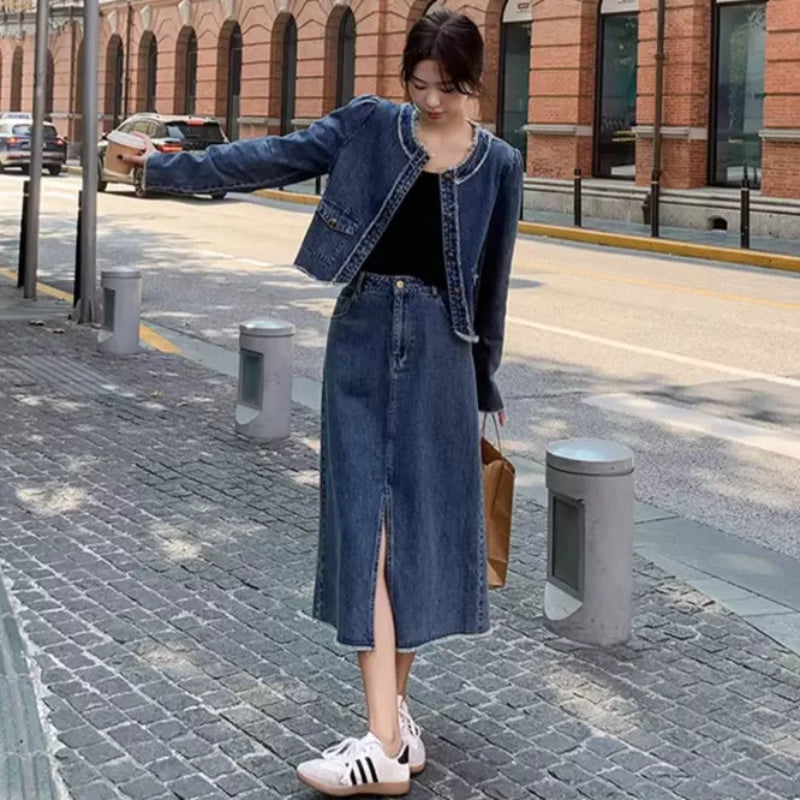 ノーカラーデニムジャケット×スカートセット