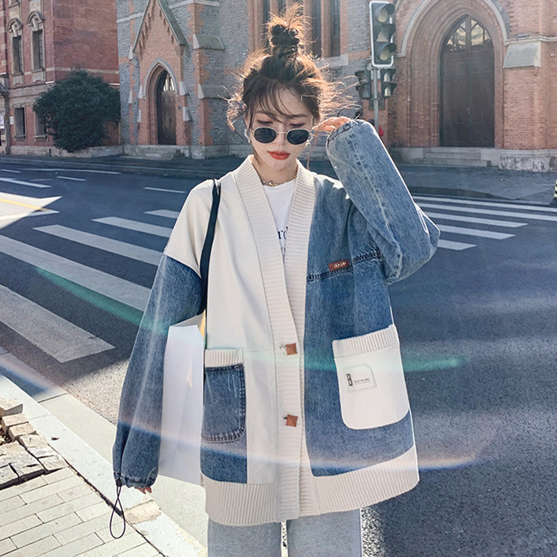 異素材MIXデザインニット×デニムジャケット