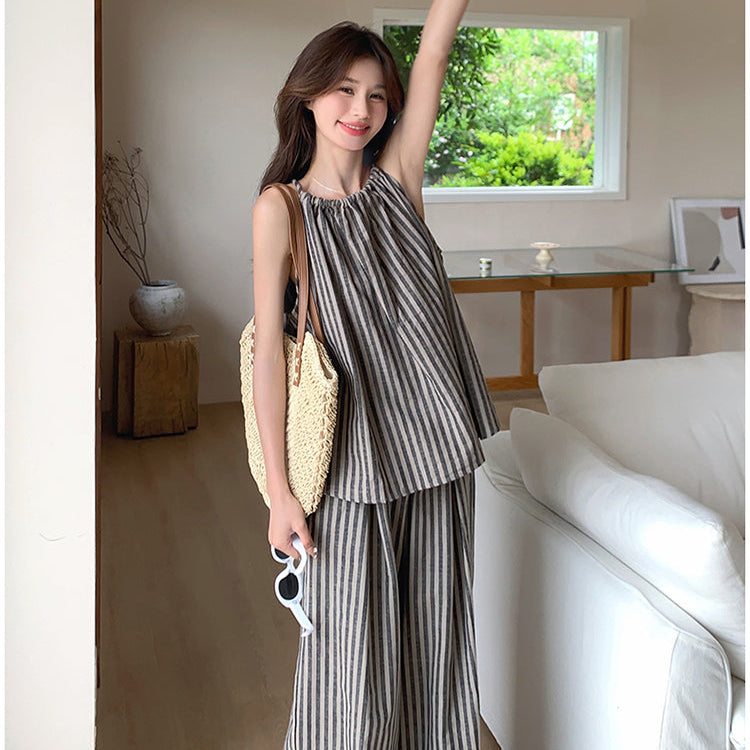 ストライプホルターネックトップス×パンツセット