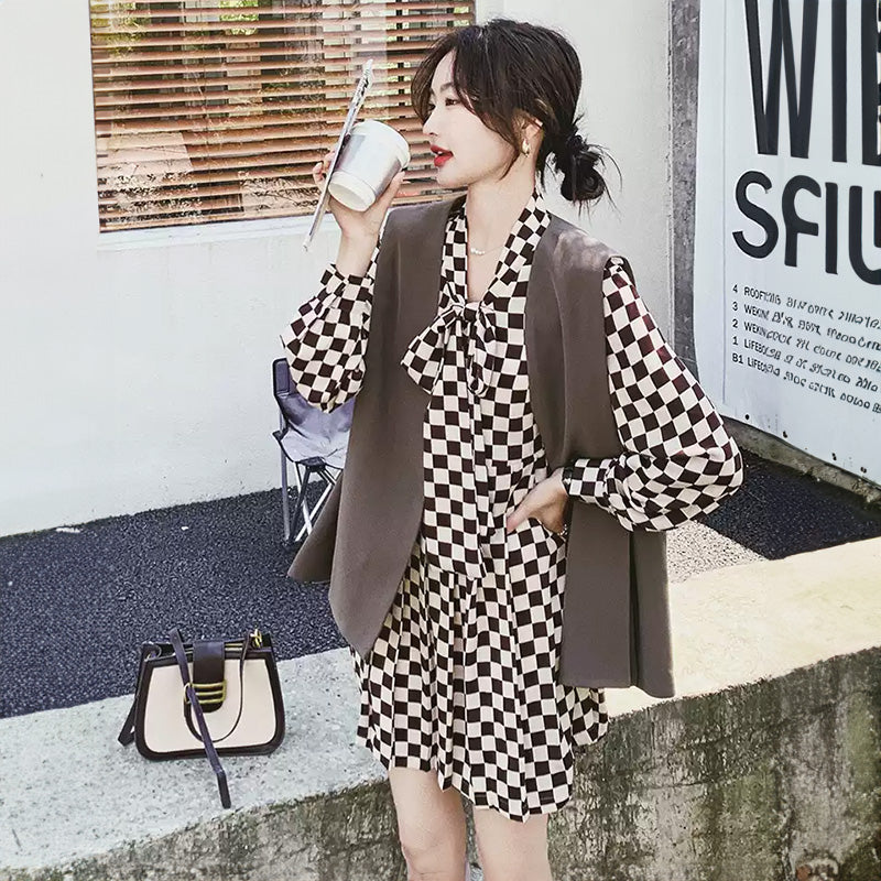 チェック柄ワンピース×ベストセット