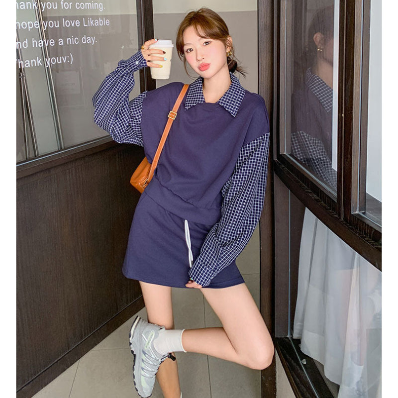 ブルーチェックレイヤードスウェットスカートセット