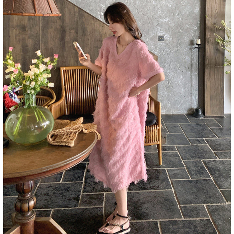 フリンジデザインピンクワンピース