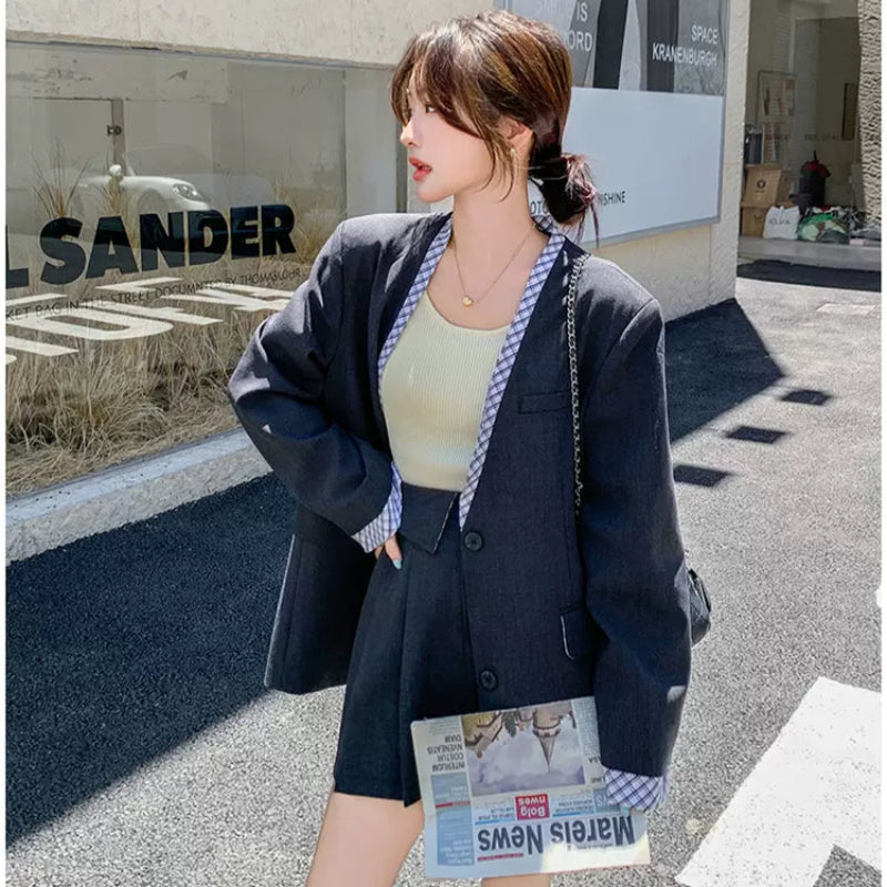 チェックデザイングレージャケット×スカートスーツ