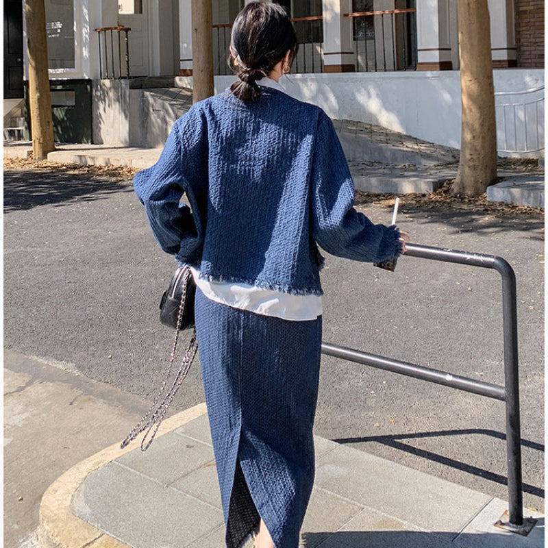 デニムジャケットスカートスーツ×ブラウス3点セット