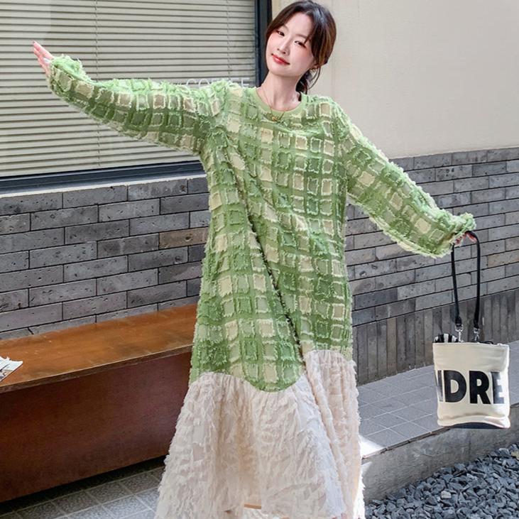 グリーンエンボスチェックワンピース