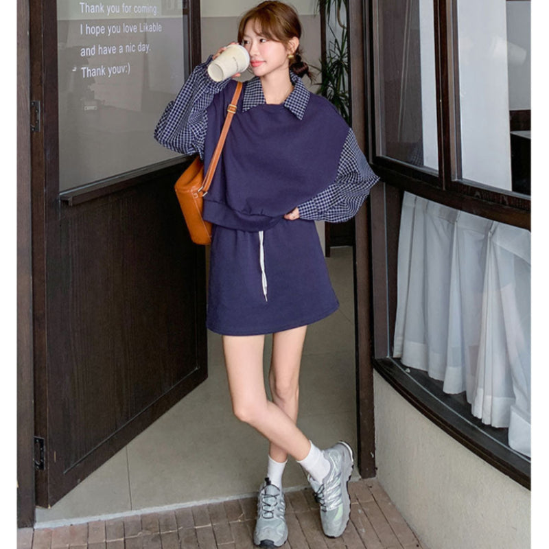 ブルーチェックレイヤードスウェットスカートセット