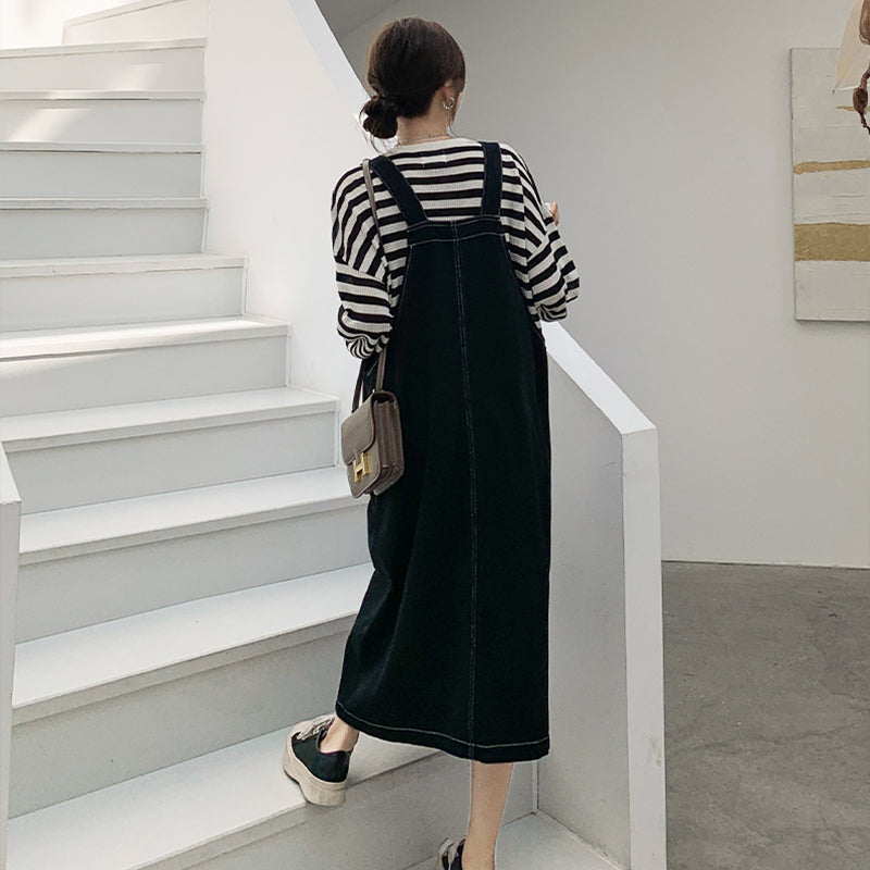 カジュアルボーダートップス×デニムサロペットワンピースセット