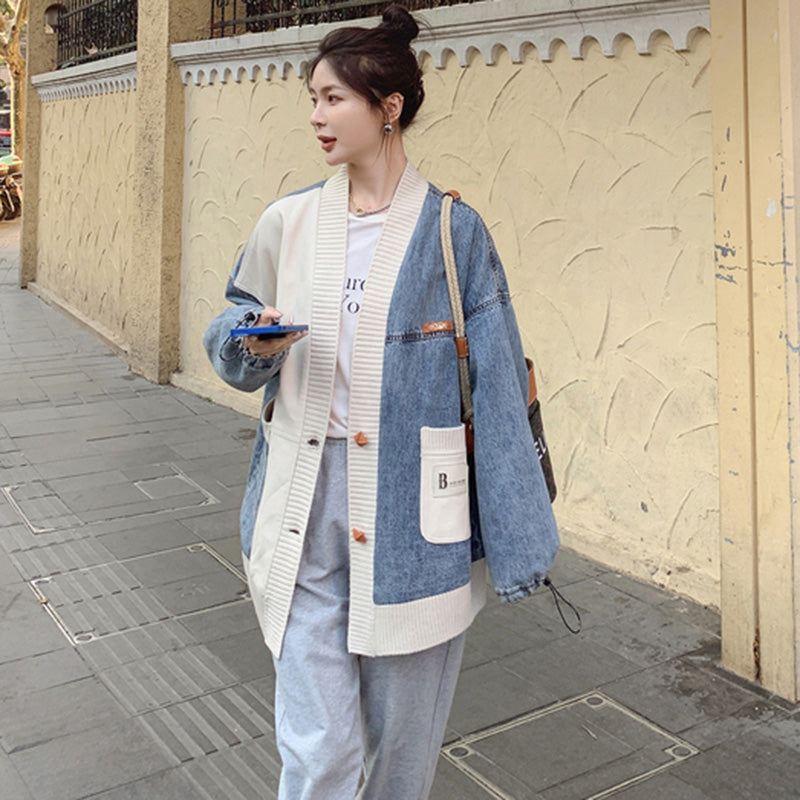 異素材MIXデザインニット×デニムジャケット