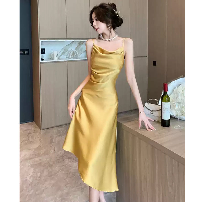 エレガントサテンアシンメトリードレス