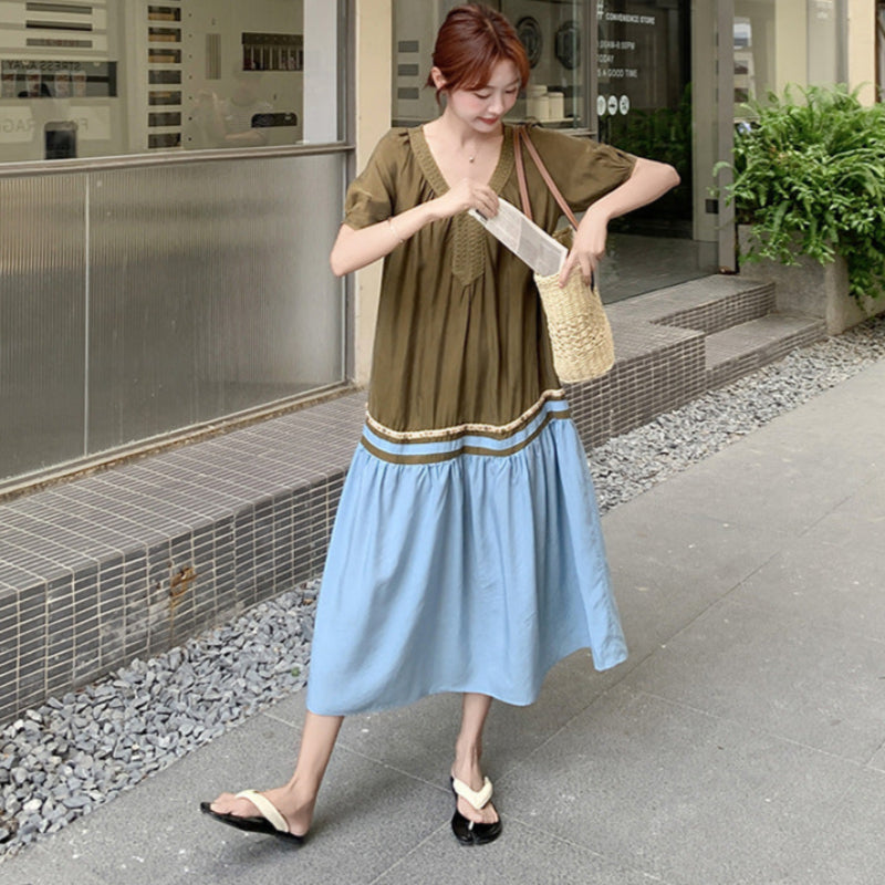 【即納】アースカラー配色ワンピース
