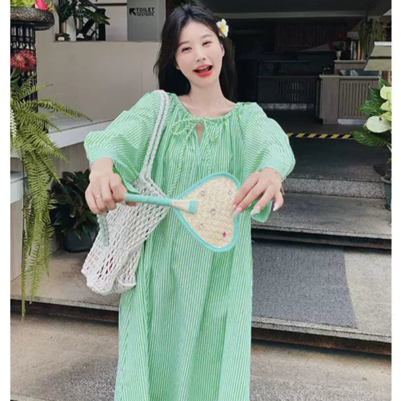 グリーンストライプシャツワンピース