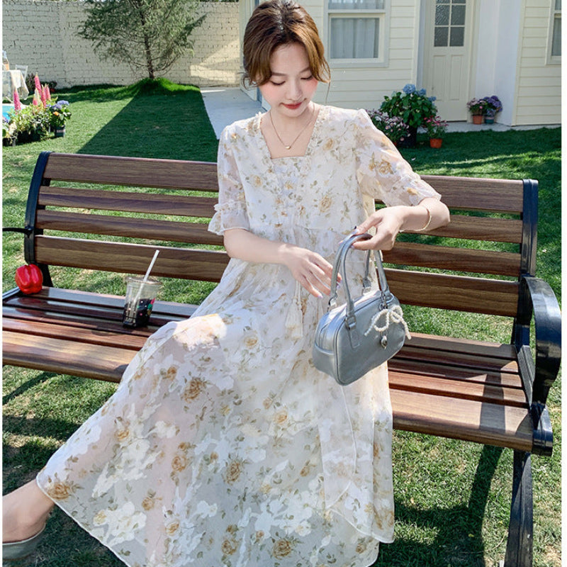小花柄ハーフスリーブシフォンワンピース