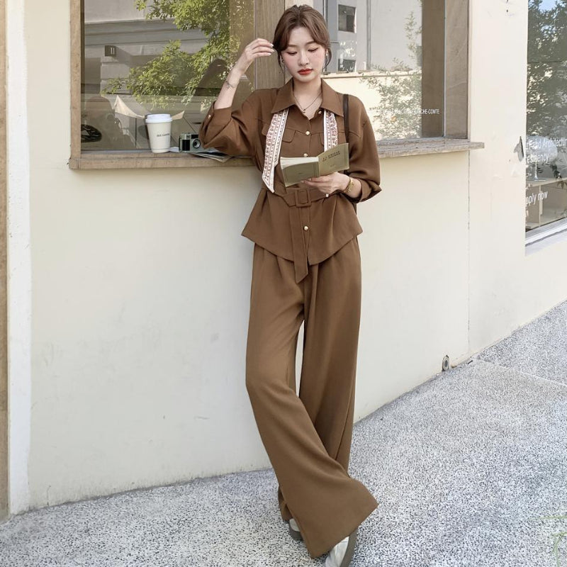 ウエストベルトシャツ×ワイドパンツセットアップ(2colors)