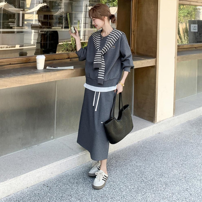 ボーダーショール付きスウェット×スカートセットアップ(2colors)