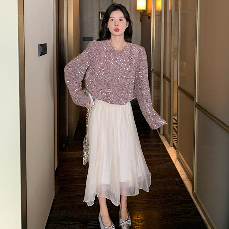 ラメ入りツイード風ショート丈トップス