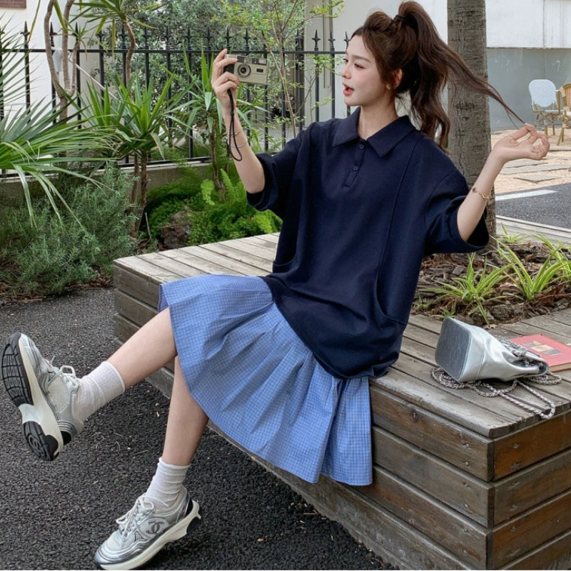 ポロトップス×チェックワンピースセット